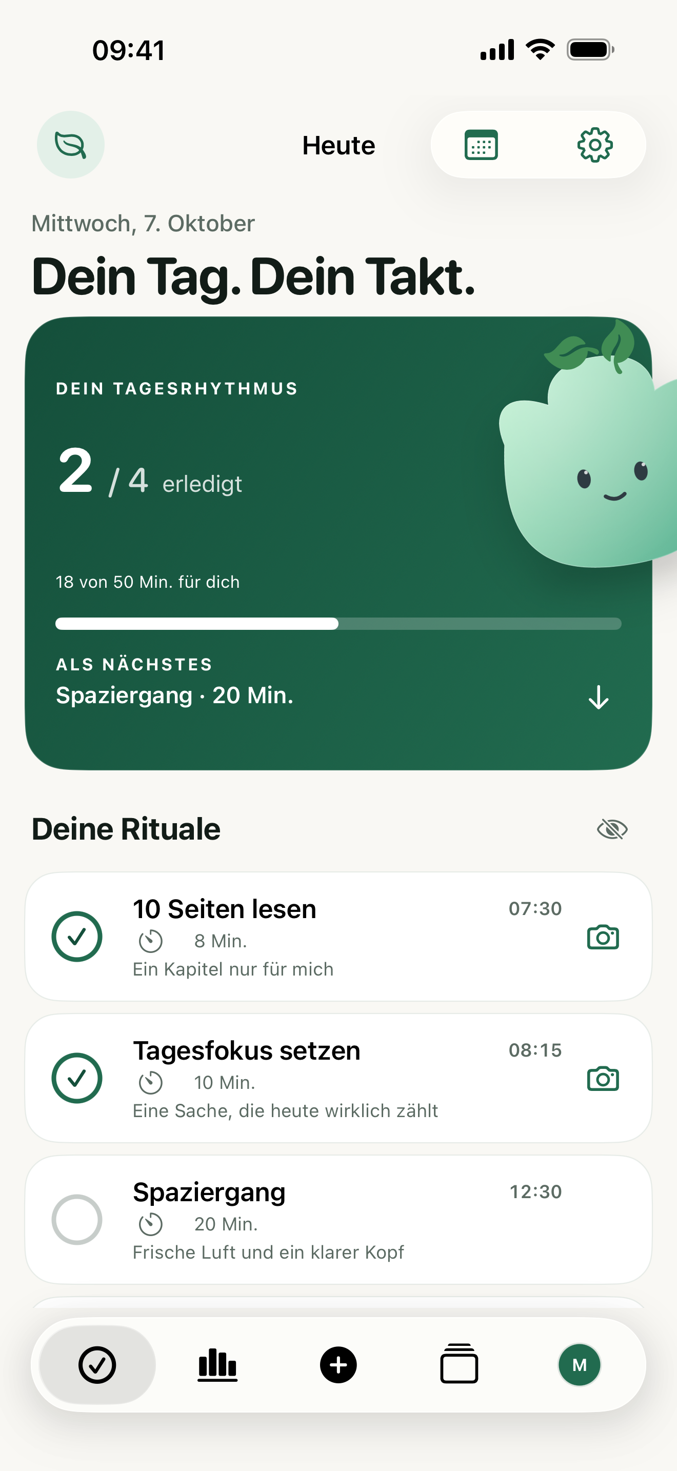 Takt-Startseite mit Begleiter, Tagesfortschritt und Ritualen